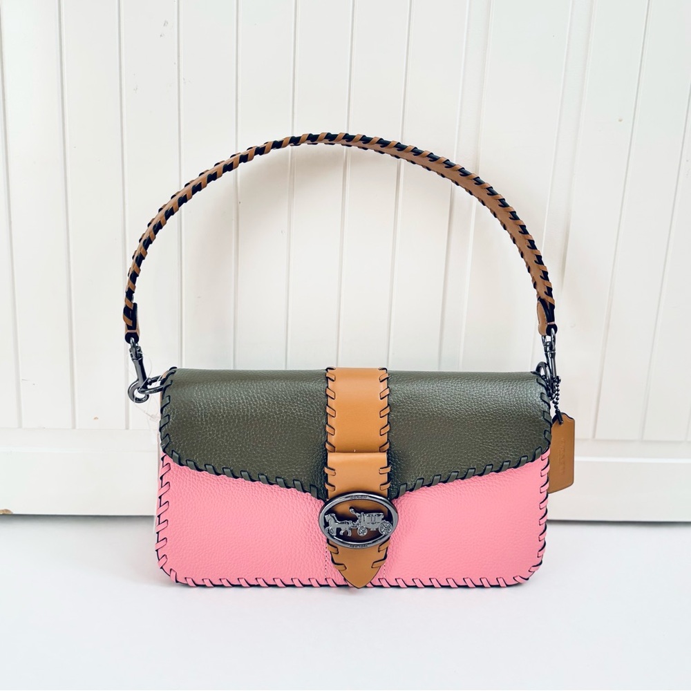 Coach Georgie Shoulder Bag With Whipstitch Colorblock Pink Green Leather Purse